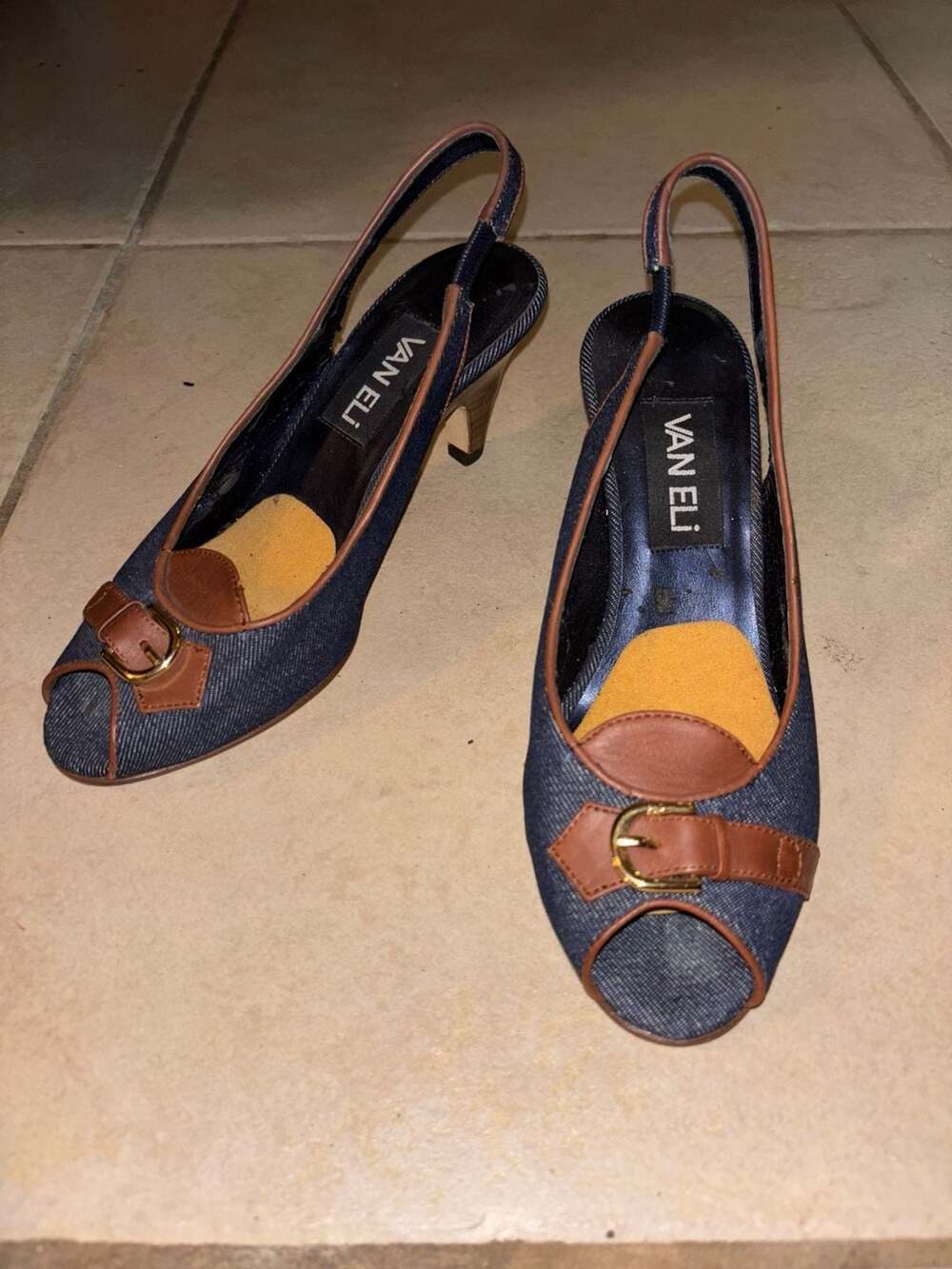 Van Eli Denim and Leather Peep Toe Slingback Kitten Heels Size 6M